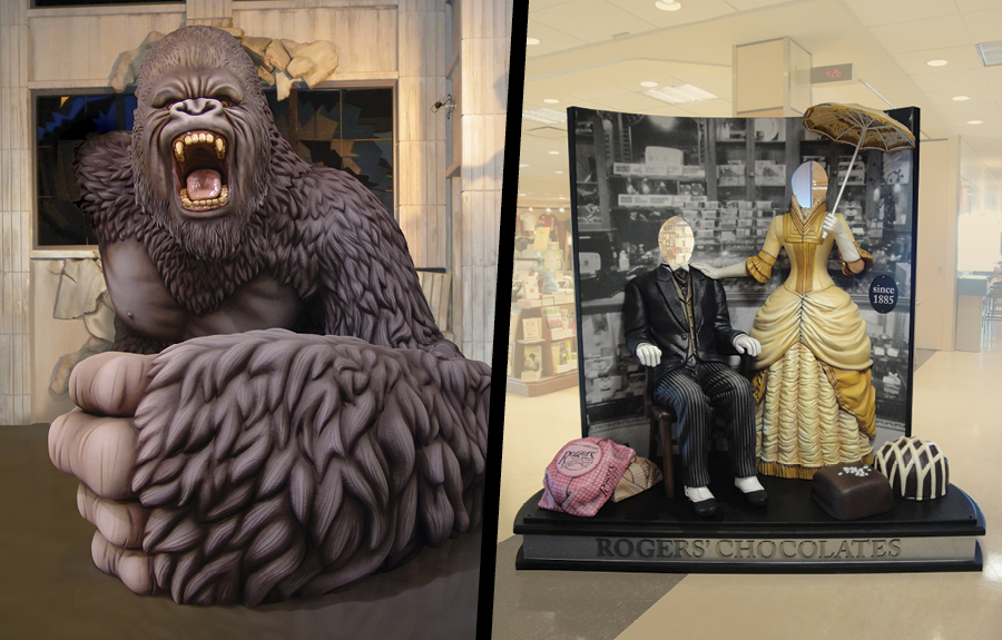 Giant sculpted gorilla and nineteenth century themed sculpted foam photo ops inside museums